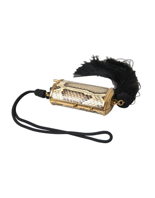Beige Exotic Leather Mini Mirror Tassel Makeup Bag