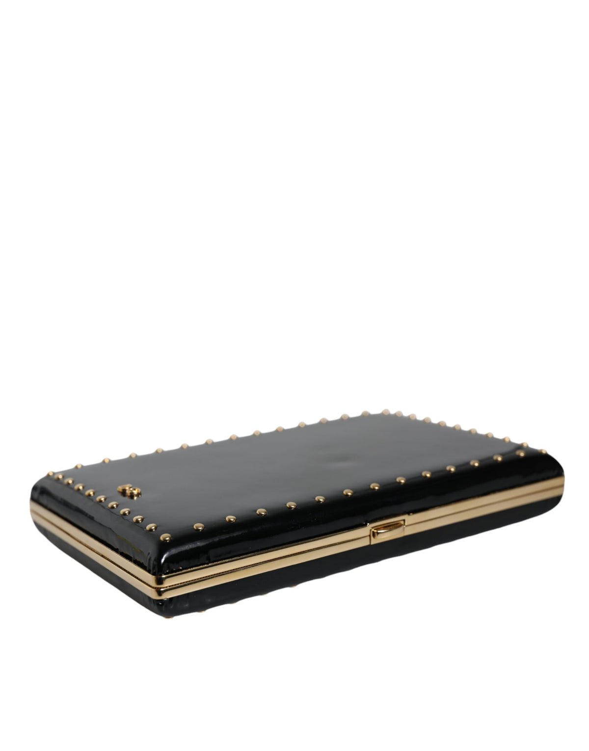 Schwarzes Leder Nieten Goldrahmen Clutch Abendtasche Tasche