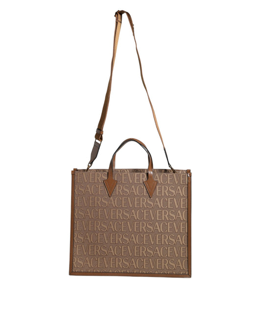 Braune Jacquard-Leder-Logo-Crossbody-Tasche mit Obergriff
