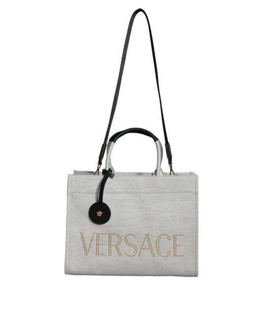 Weiße Top Handle Canvas Leder Logo Crossbody Tote Bag